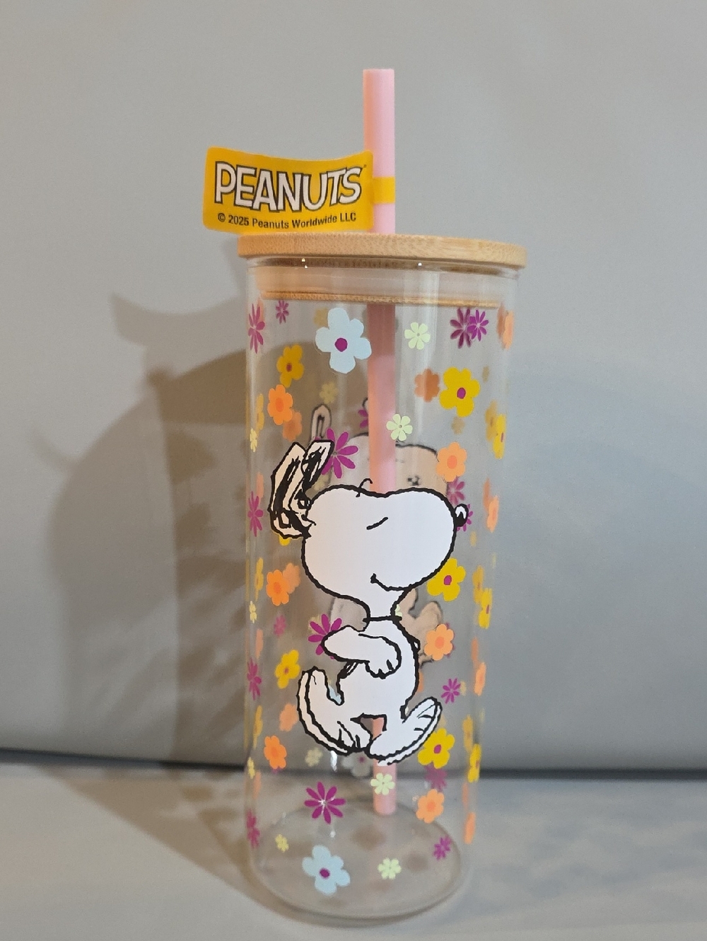 Peanuts Snoopy Dancing Glass Tumbler With Straw And Bamboo Gasketed Lid NWT